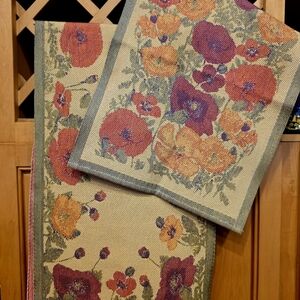 Vtg Ekelund Master Weavers Sweden Red Poppies Hand Woven Table Runner & Towel